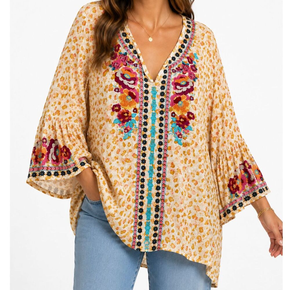 Savanna Jane 2XL Boho Embroidered Tunic Top Floral Embroidery Boho Cottagecore
